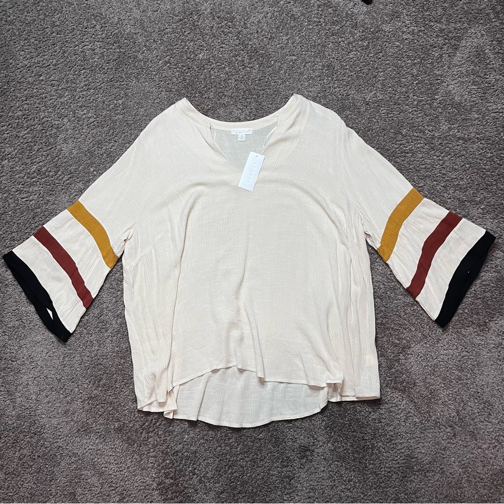 Studio Cream V-Neck Tunic with Striped Bell Sleeves